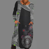 Vintage Print Pullover Klänning Med Fickor-Clothes for women-Hemnix-Grått-S-Hemnix