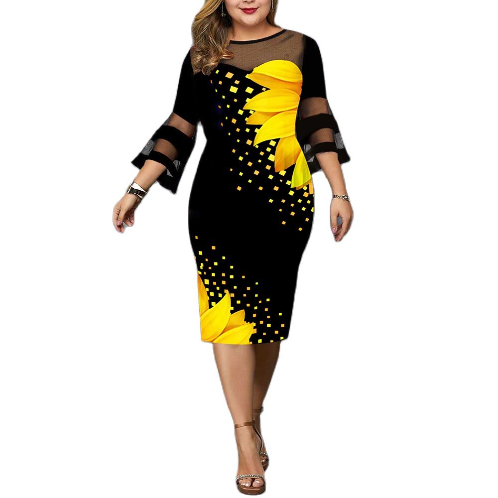 Plus storlek solros print casual klänning-Clothes for women-Hemnix-Hemnix