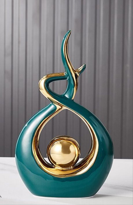 Abstrakt Keramisk Skulptur | Modern Inredning med Guld Accenter | Hylla eller Skrivbordsornament Carvallo