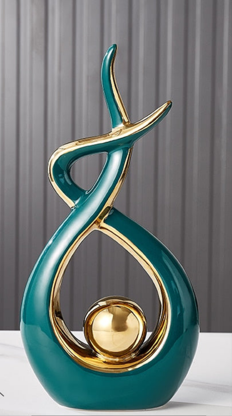 Abstrakt Keramisk Skulptur | Modern Inredning med Guld Accenter | Hylla eller Skrivbordsornament Carvallo