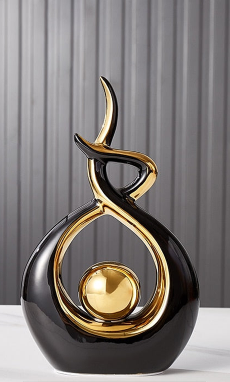 Abstrakt Keramisk Skulptur | Modern Inredning med Guld Accenter | Hylla eller Skrivbordsornament Carvallo