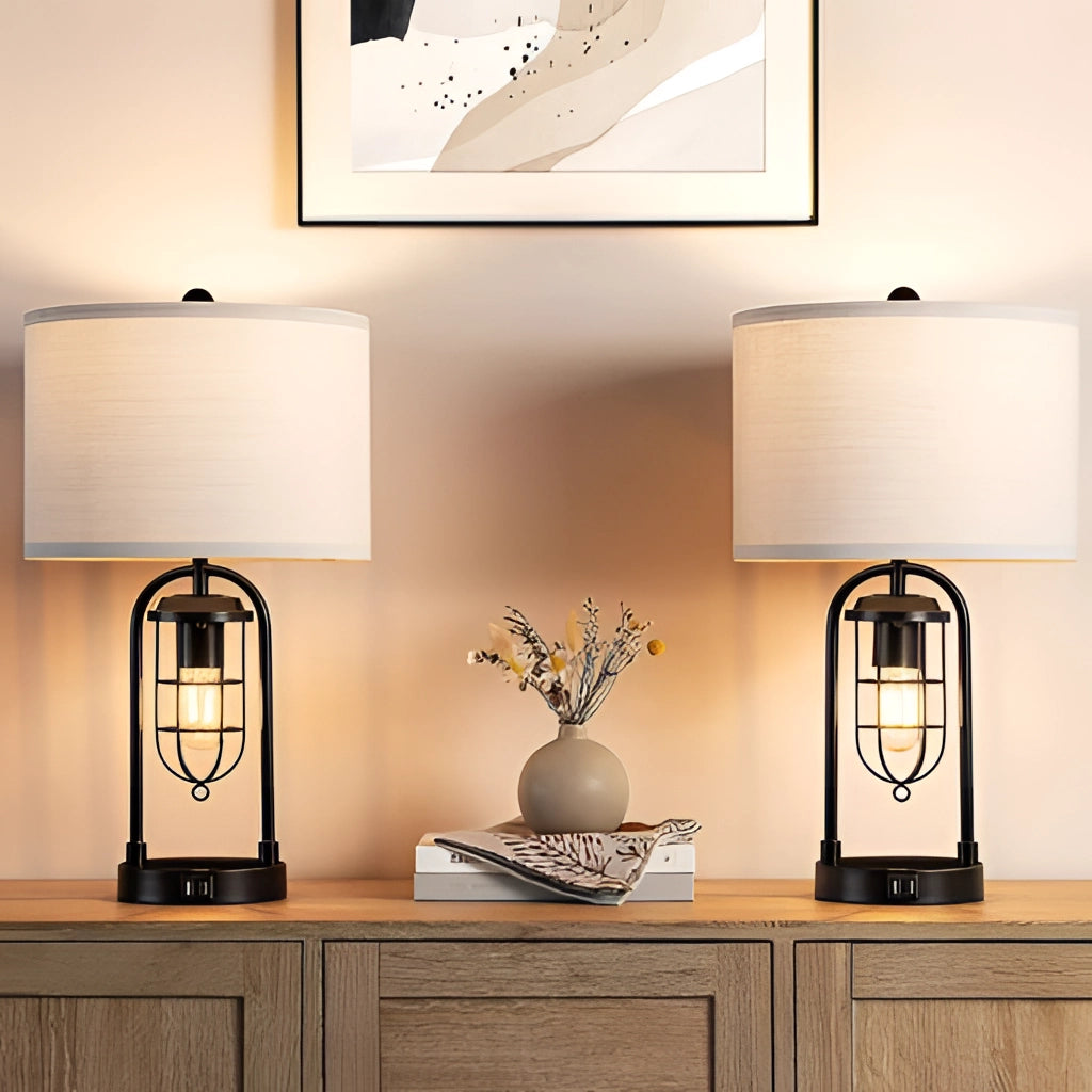 Moderna LED-skrivbordslampor med dubbel-glödlampa-design och USB-portar – Dimbar, metalbas, 2-pack Carvallo