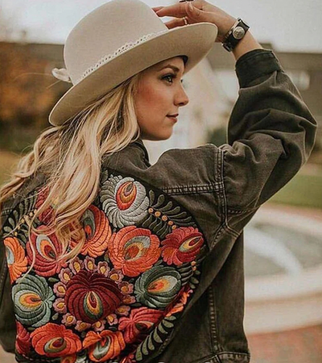 Dam Denimjacka Blommönster Bekväm Denim Hemnix