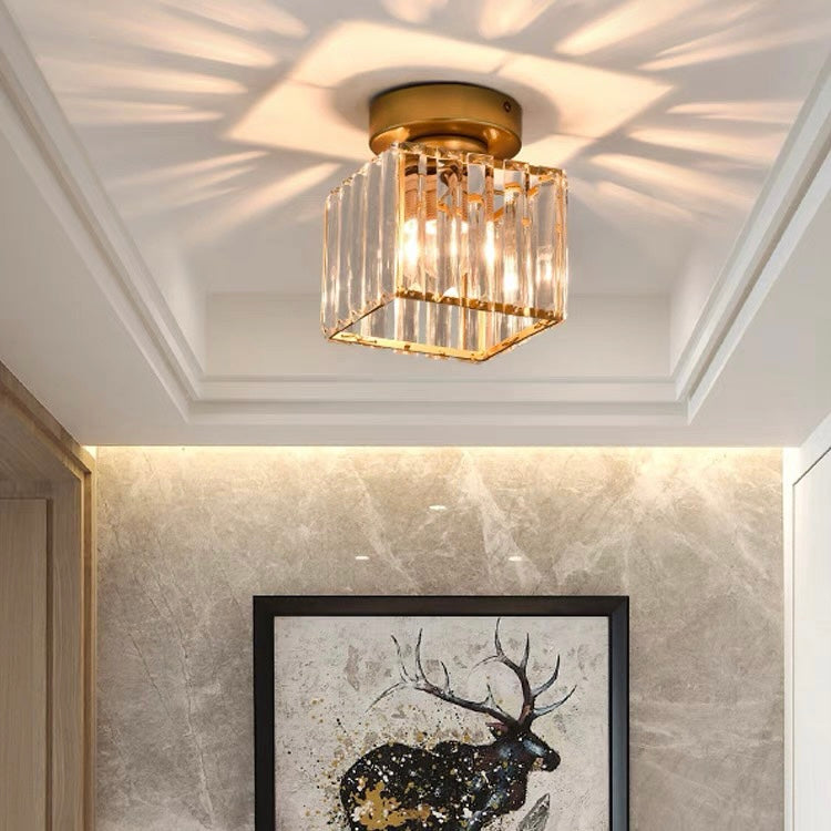 Flush Mount Ceiling Light | Stylish Hallway Fixture | Brass & Crystal Carvallo