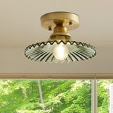 Flared Semi Flush Mount Light with Ribbed Clear Green Glass Carvallo