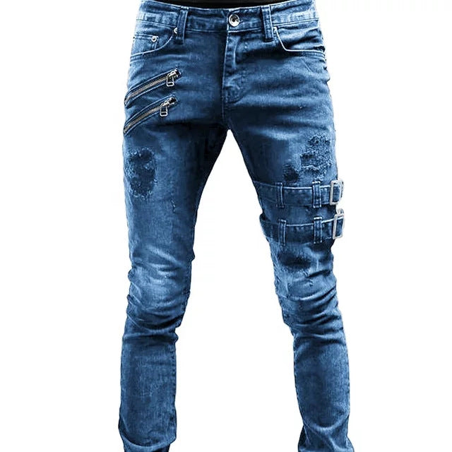 Herr Biker Jeans Avslappnad Denim Med Quiltade Detaljer Hemnix