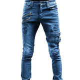 Herr Biker Jeans Avslappnad Denim Med Quiltade Detaljer Hemnix