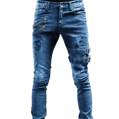 Herr Biker Jeans Avslappnad Denim Med Quiltade Detaljer Hemnix