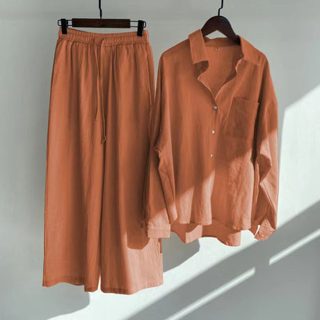 Tvådelat Set Dam Elegant Linne Topp och Byxor-[, ]-Hemnix-Orange-S-Hemnix