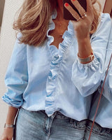 Dam Blus med Ruffles V-halslinje Polyester