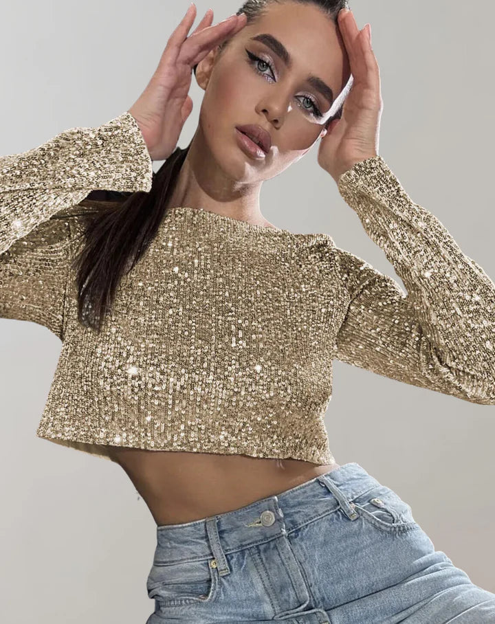 Dam Crop Top Glittrande Polyester Elastan