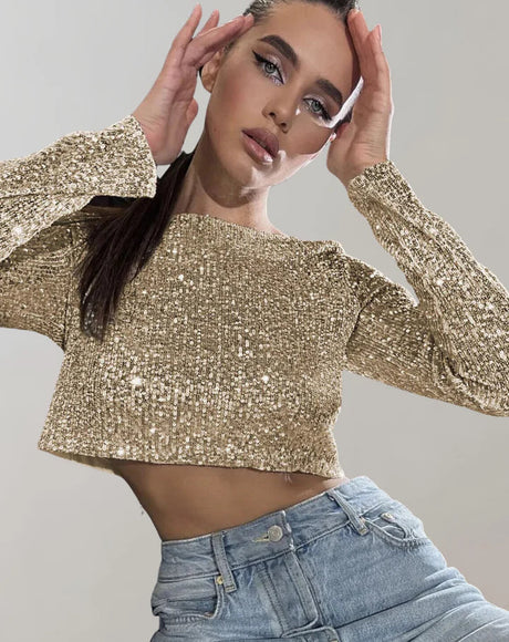Dam Crop Top Glittrande Polyester Elastan Hemnix