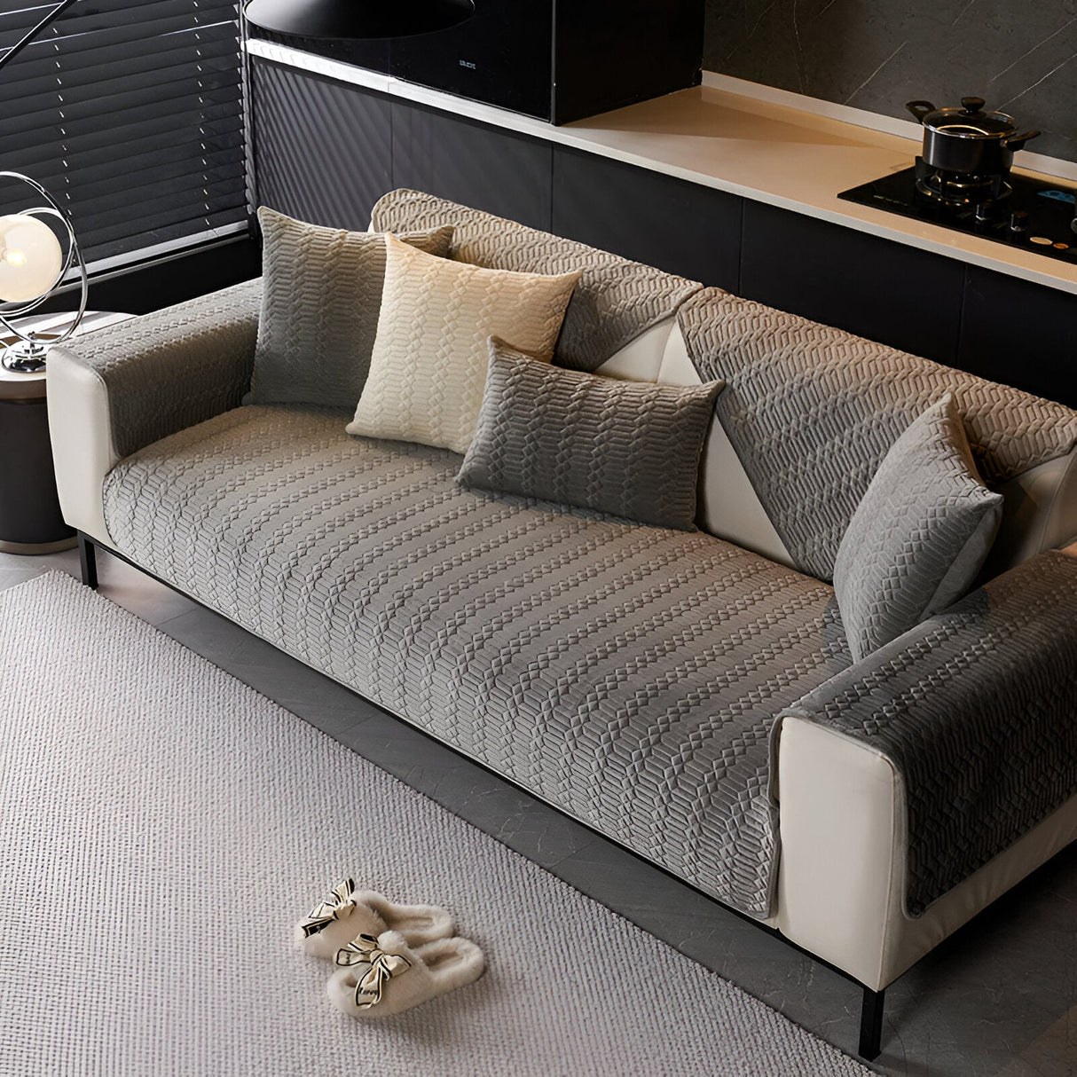 Premium plyschsamts sofföverdrag – Lyxigt geometriskt mönster med Halkfri baksida Carvallo