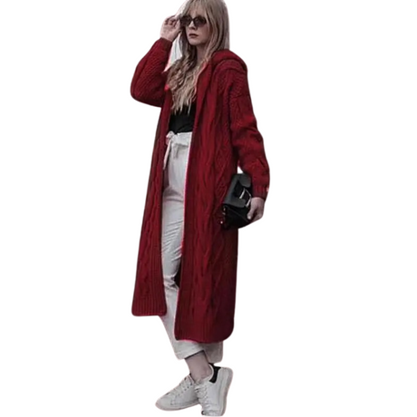 Twist Stickad Hooded Cardigan för kvinnor-Hemnix-Röd-S-Hemnix