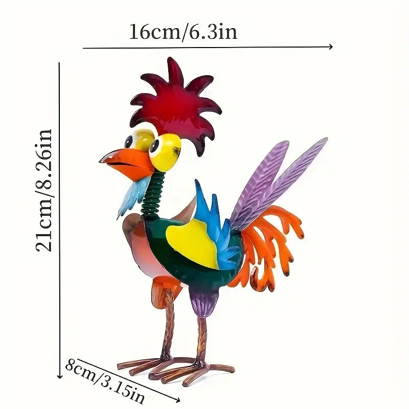 Färgglad tuppstaty i trädgården – Nyckfull handmålad metallkonst för utomhusträdgård och uteplatsdekor MILA Sverige
