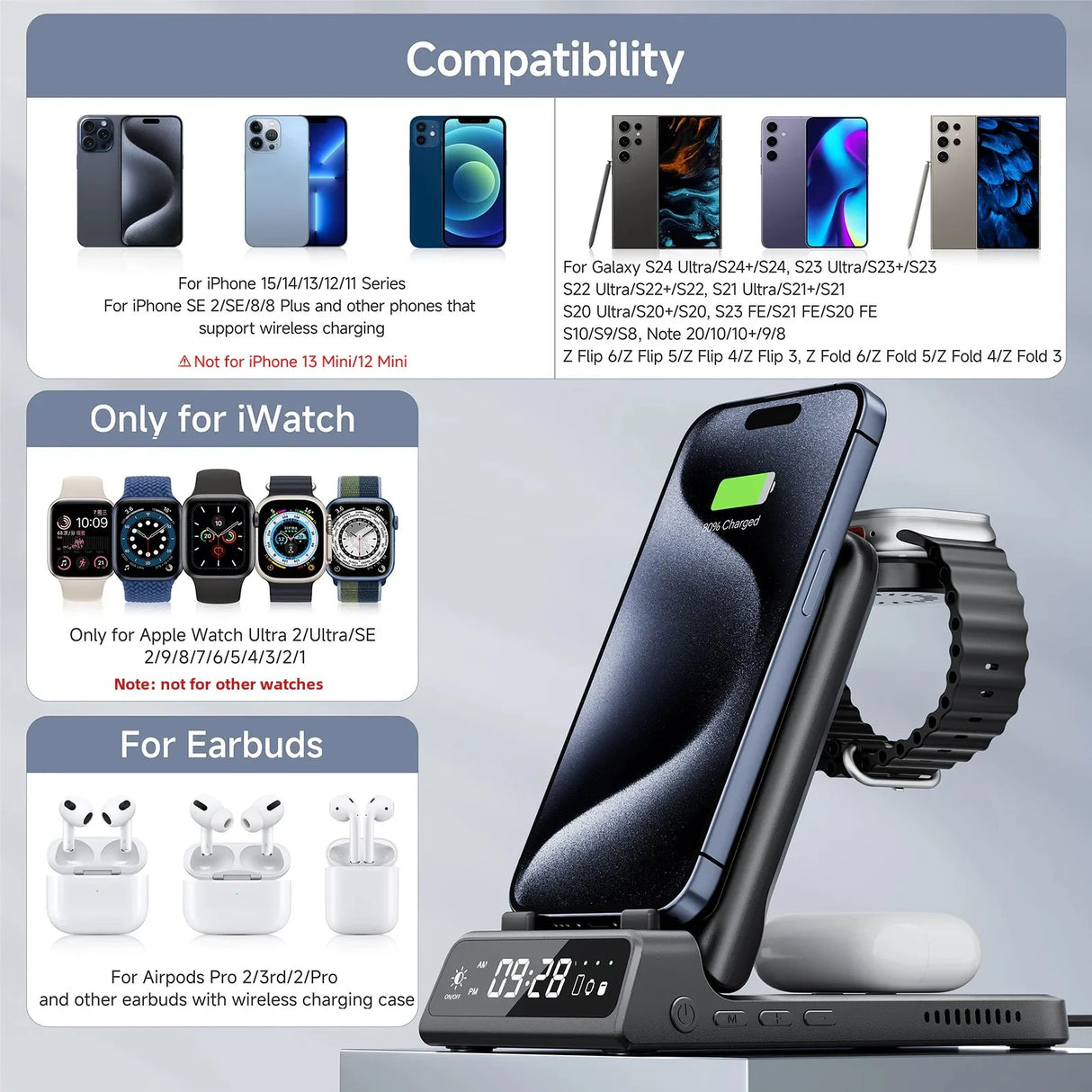 Royallure 3-i-1 Trådlös Laddstation – Snabbladdare för Telefon, Klocka & Hörlurar Carvallo