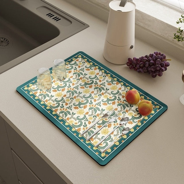 Royallure Absorbent Dish Drying Mat – Floral Polyester Bänkskydd, Anti-Slip & Snabbtorkande Carvallo