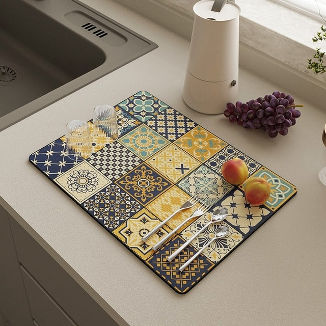 Royallure Absorbent Dish Drying Mat – Floral Polyester Bänkskydd, Anti-Slip & Snabbtorkande Carvallo