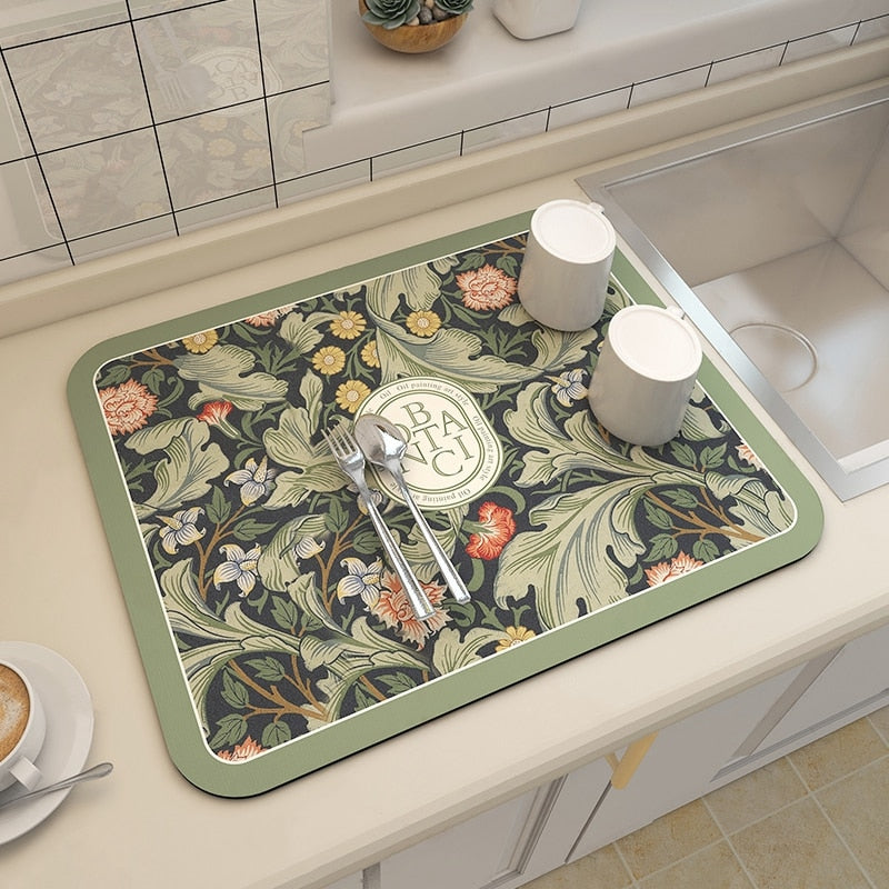 Royallure Absorbent Dish Drying Mat – Floral Polyester Bänkskydd, Anti-Slip & Snabbtorkande Carvallo