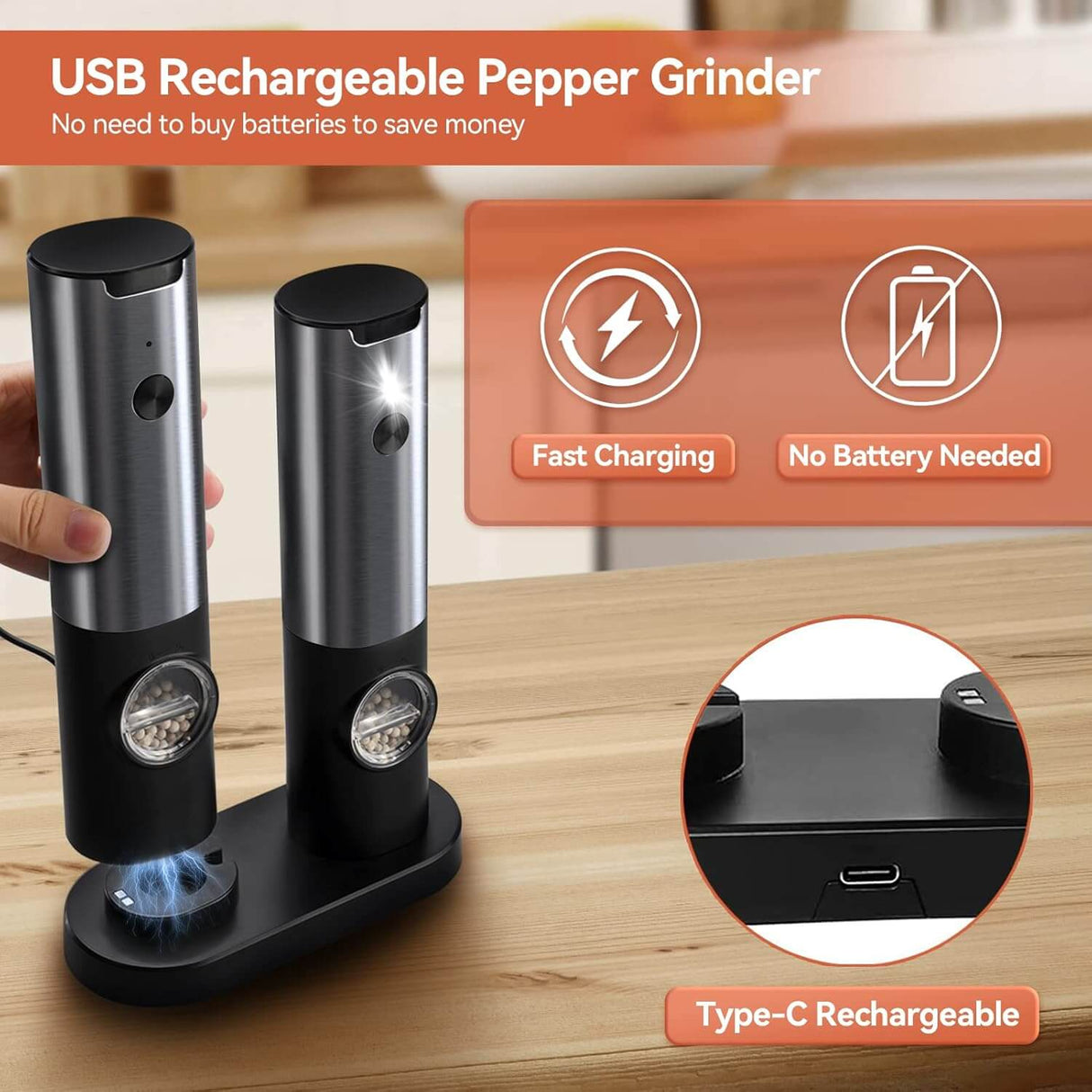 Royallure Elektrisk Uppladdningsbar Salt- & Pepparkvarn Set – Justerbar Malning, USB Laddning Carvallo