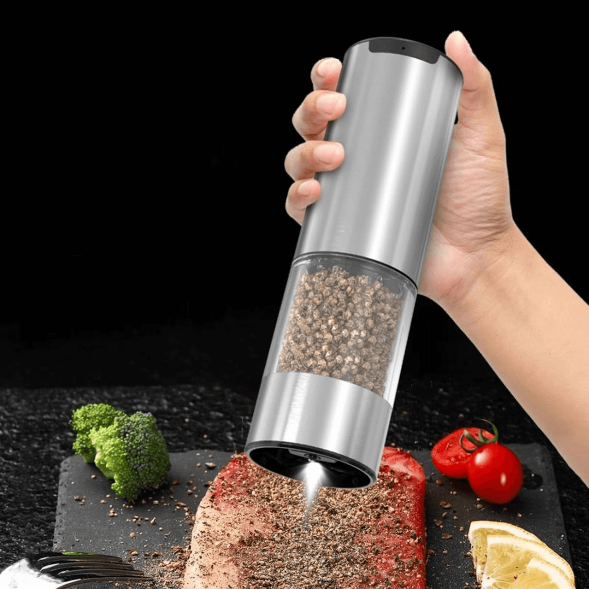 Royallure Electric Salt & Pepper Grinder Set – Justerbar Grovlek, LED-Decorator, Enhandanvändning Carvallo