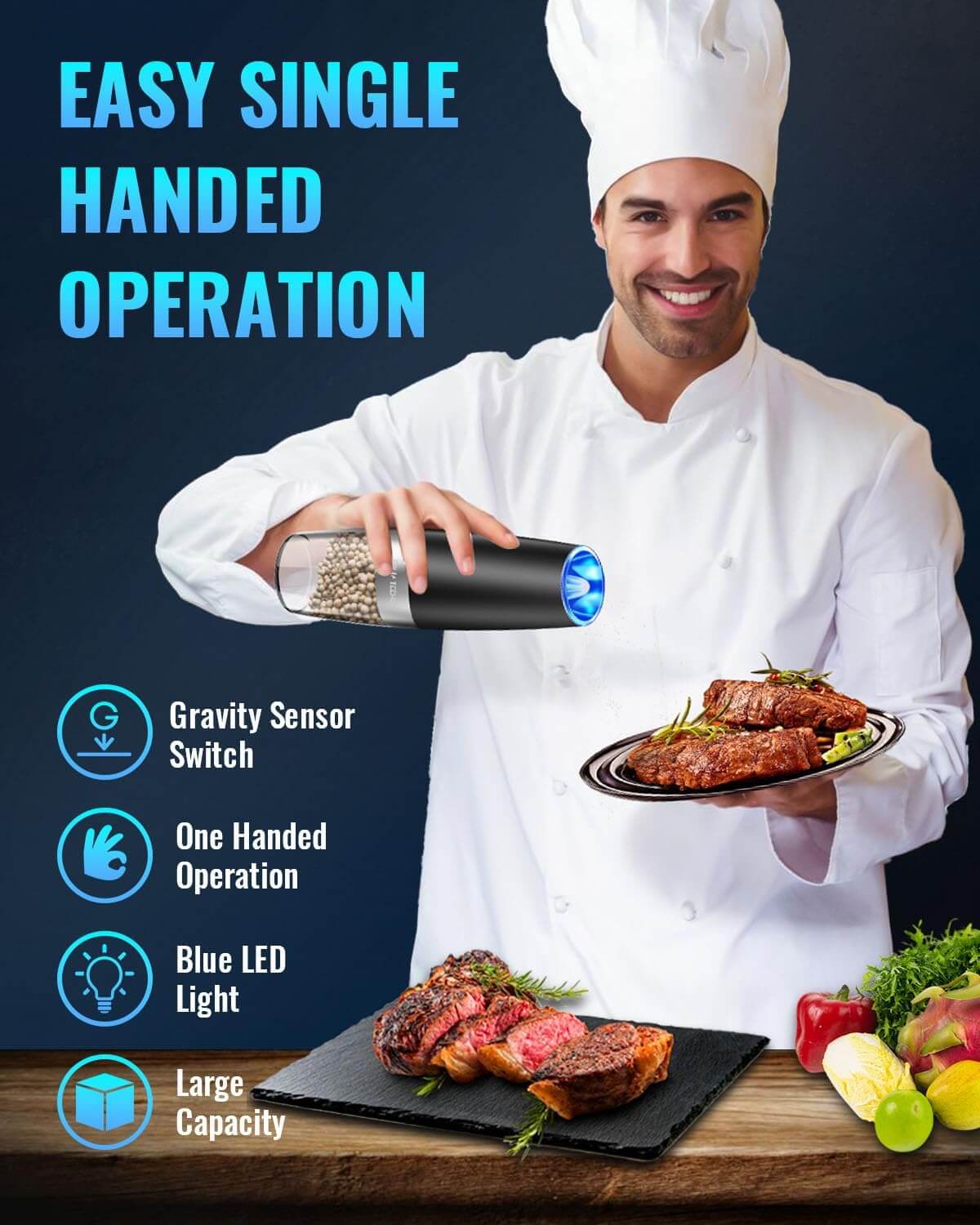 Royallure Elektrisk Salt- och Pepparkvarn – USB-laddningsbar, Justerbar Keramik och LED-lampa Carvallo