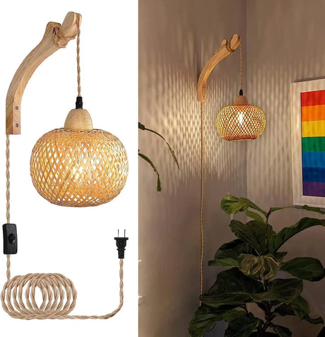 Royallure Bamboo Rattan Vägglampa Handvävd Korgbelysning för Rumsinredning Carvallo