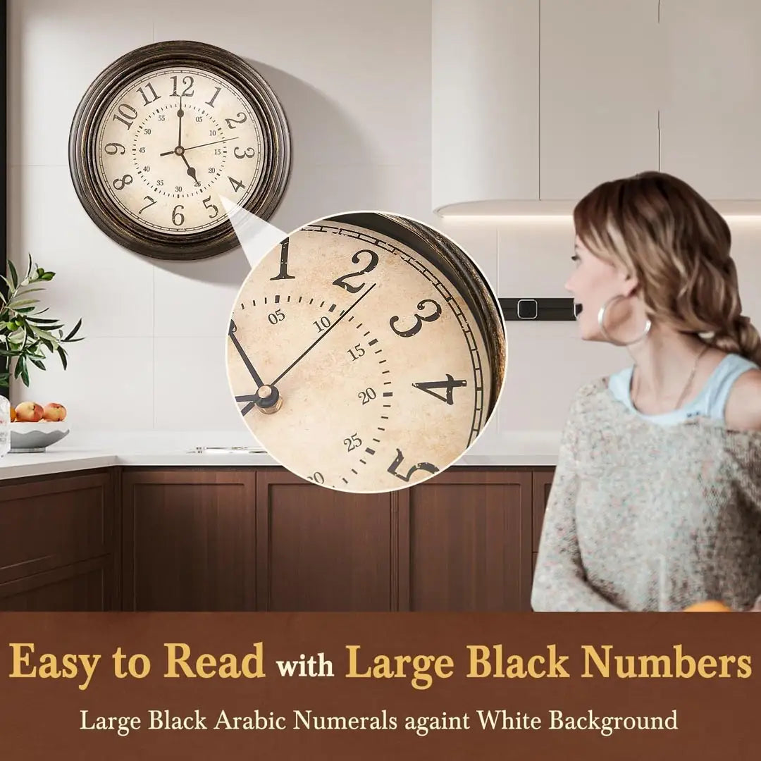 Royallure Vintage Tyst Kvarts Väggklocka – Icke-Tickande Svep, Antik Design Carvallo