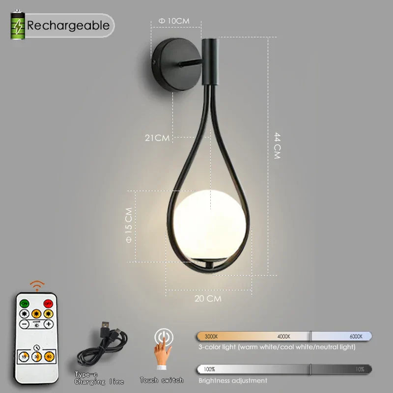 Royallure Modern LED Vägglampa USB Uppladdningsbar med Fjärrkontroll, Dimbara Nordisk Ljus Carvallo