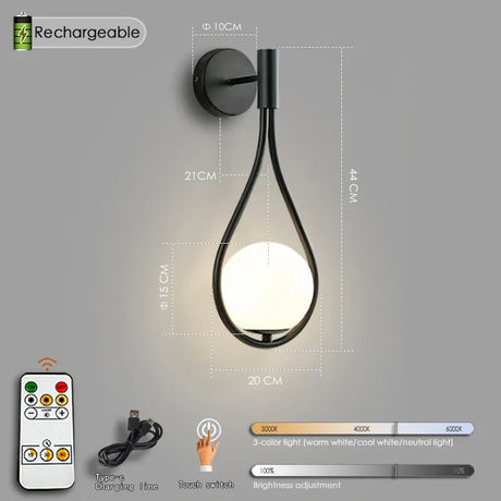 Royallure Modern LED Vägglampa USB Uppladdningsbar med Fjärrkontroll, Dimbara Nordisk Ljus Carvallo