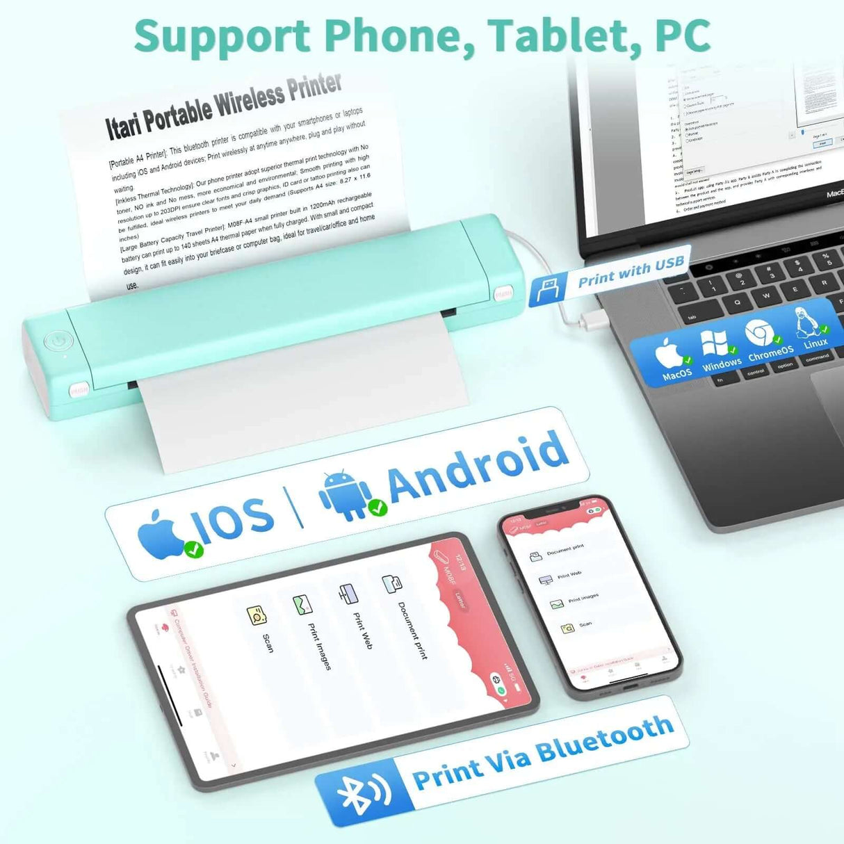 Royallure Pocket Thermal Printer – Kompakt bläckfri, Bluetooth Skriv ut var som helst Carvallo