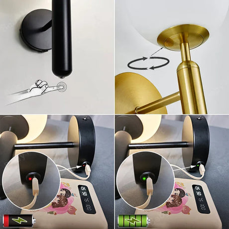 Royallure Touch Control Charging LED Vägglampa Trådlös Tri-Färg Dimmbar Sänglampa Carvallo