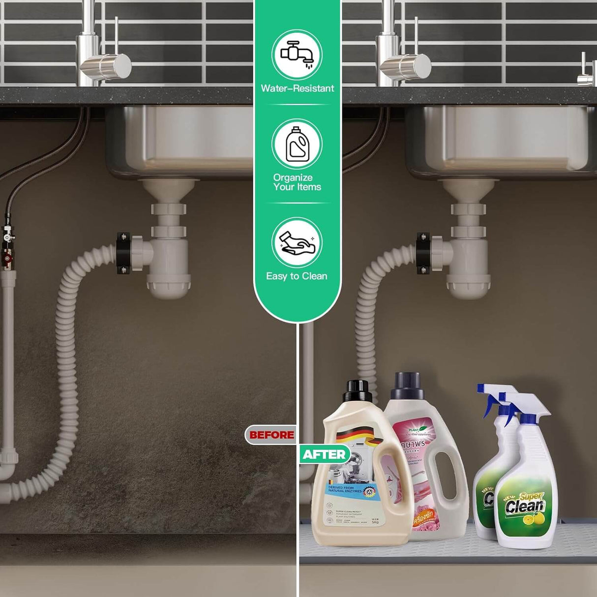 Royallure Under-Sink Vattentät Silikonmatta & Hyllfoder Organizer – Läckagesäker, Oljeavvisande, Flera användningsområden Carvallo
