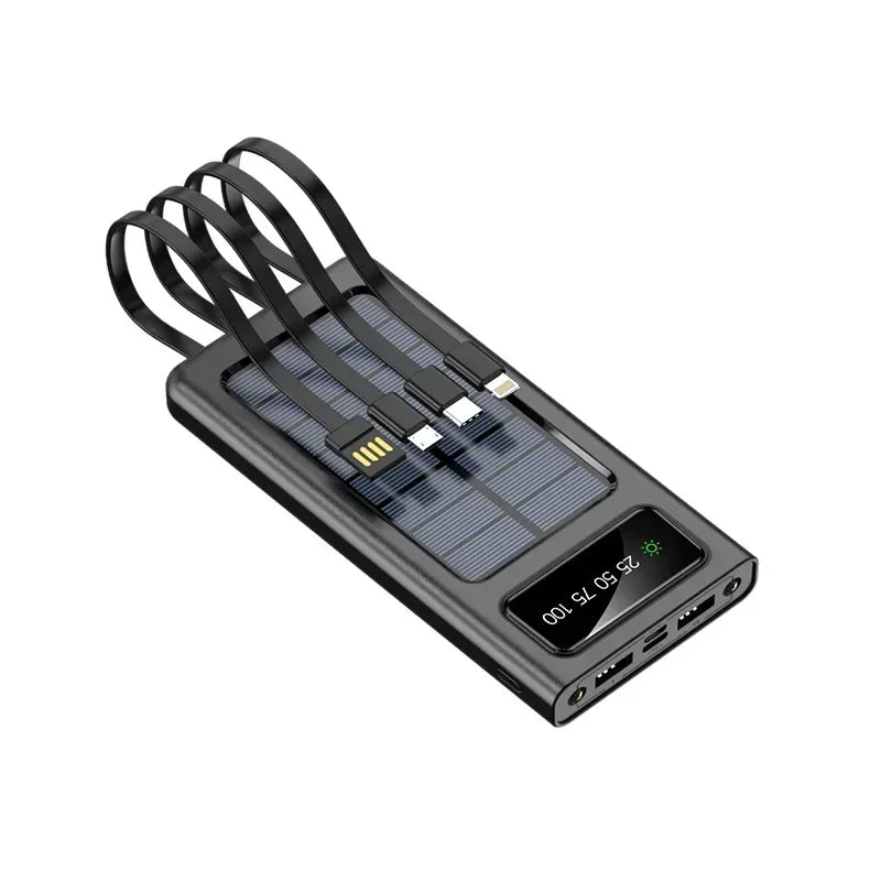 Carvallo Solar Powerbank | 10.000/20.000 mAh | Snabbladdningsfunktion & 4 integrerade kablar | För iPhone, Samsung, Huawei & mer Carvallo