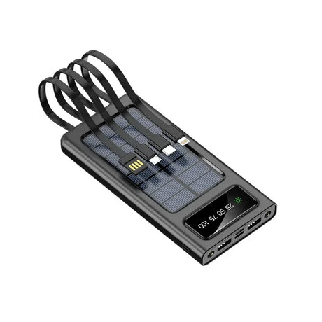 Carvallo Solar Powerbank | 10.000/20.000 mAh | Snabbladdningsfunktion & 4 integrerade kablar | För iPhone, Samsung, Huawei & mer Carvallo