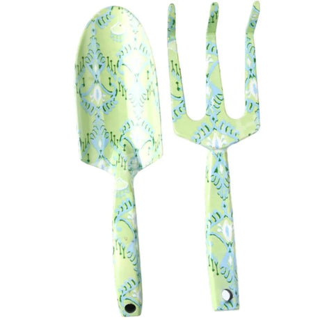 Carvallo GardenSet Trädgårdsverktygssats i rostfritt stål | 2-delad: Handskovel & Blomgaflar | 26–29,5 cm | Blommönster i 6 färger Carvallo