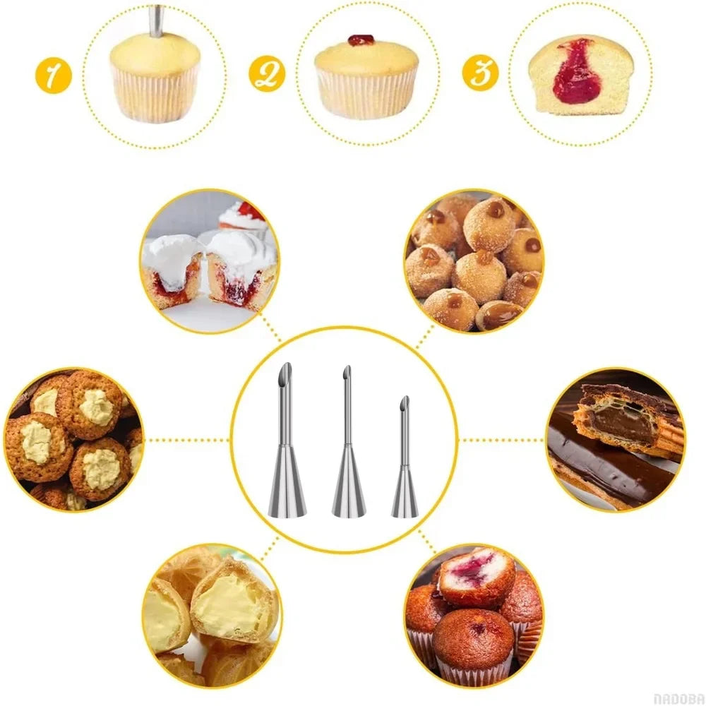 Carvallo Pro Rostfritt Stål Spritstyllar Set 3-delar | Lång tyll för Profiteroles & Fyllkräm | Bakningstillbehör för Tårtor, Cupcakes & Patisserie Carvallo
