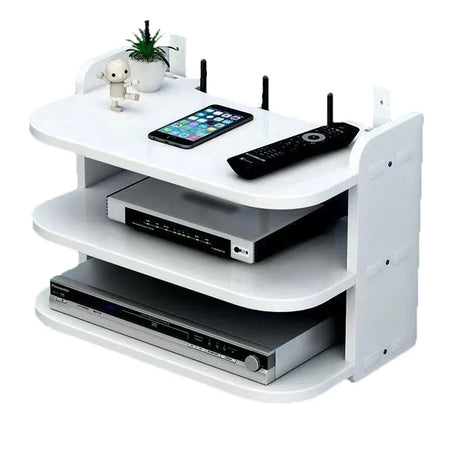 Carvallo Home | WLAN-router väggregal | Dold kabelorganisatör & uttagsfäste | Flytande hylla för TV-box & mer | Vit | 40×12×8 cm Carvallo