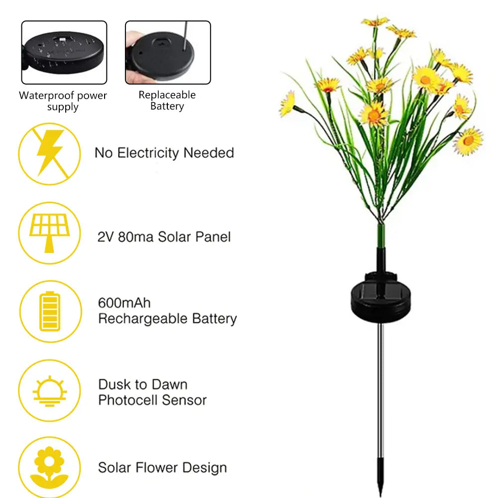 Carvallo Solar Trädgårdslampa Tusensköna | Vattentät LED Blomlampa för Utomhusbruk | Automatisk Deko-Solarlampa för Trädgård & Balkong Carvallo