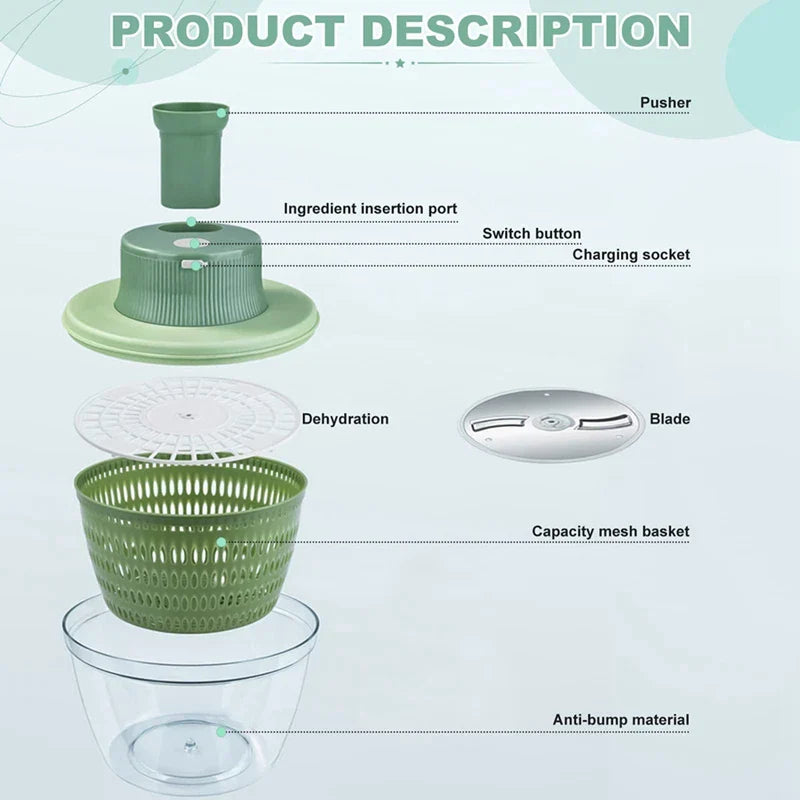 Carvallo Elektrisk Salladsavskörare | 2-i-1 Grönsaksrenare & Skärare | 4 L Kapacitet | Trådlös & Multifunktionell Carvallo