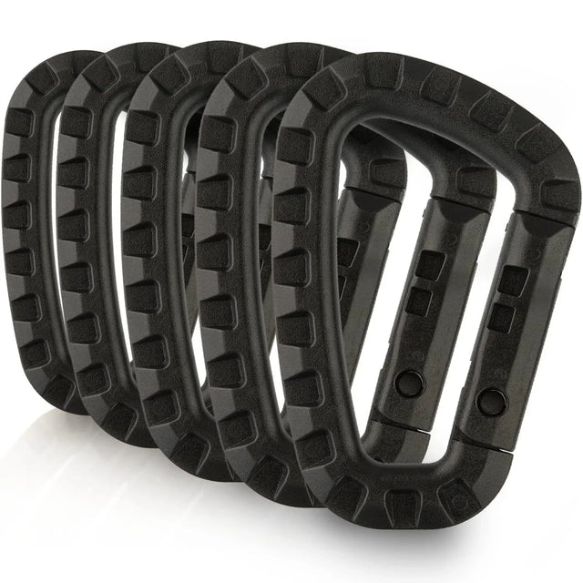 Carvallo 5-pack Taktiska karbinhakar D-form 8,5 × 6 cm | Molle-kompatibla plastklipp med fjädermekanism | Lätta & hållbara för camping, vandring & EDC Carvallo