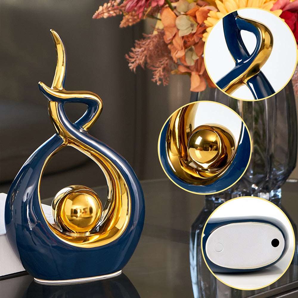 Abstrakt Keramisk Skulptur | Modern Inredning med Guld Accenter | Hylla eller Skrivbordsornament Carvallo