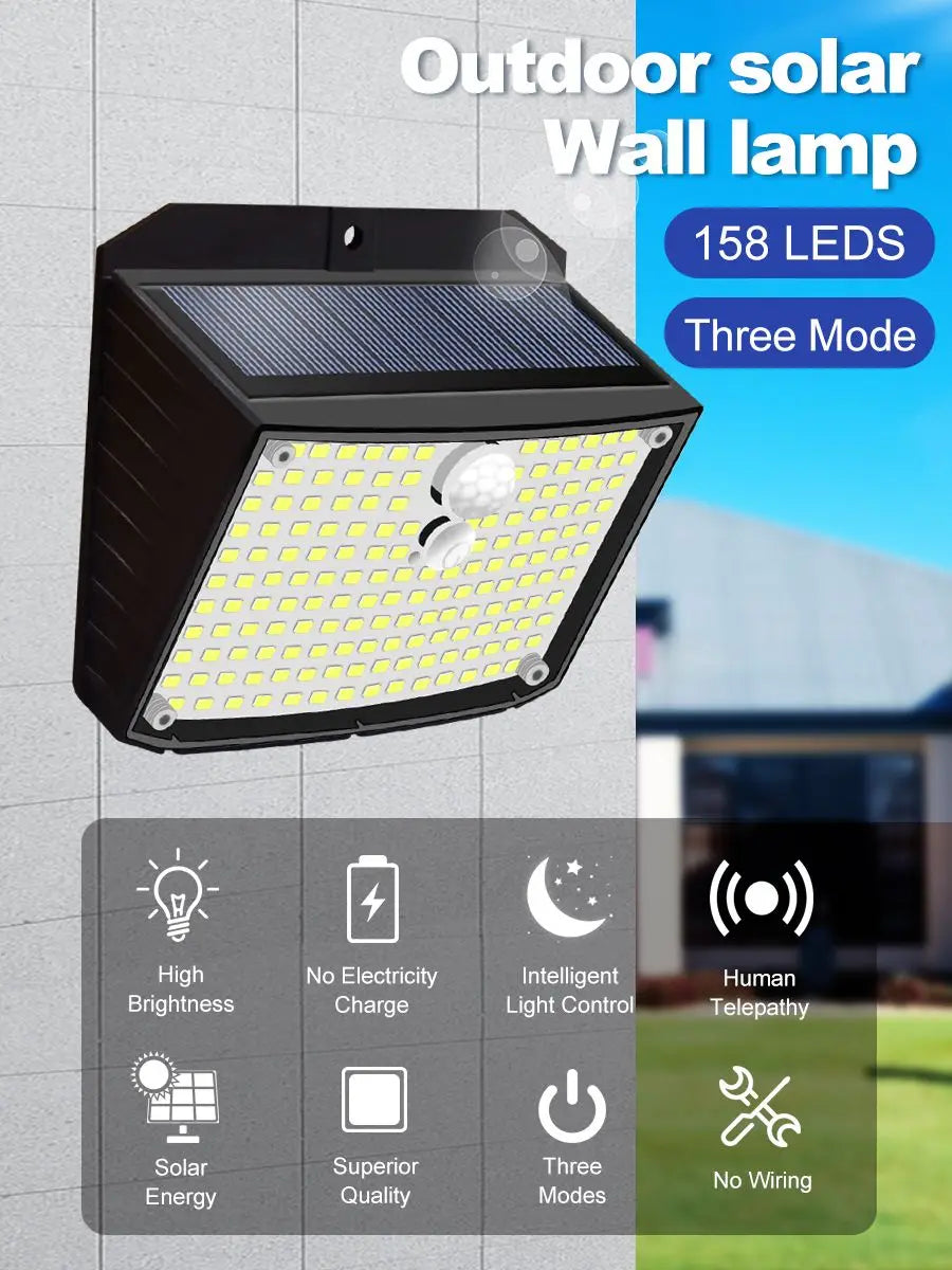 Carvallo Solar Vägglampa 158 LEDs | Rörelse sensor | IP65 Vattentålig | 180° Spridningsvinkel Carvallo