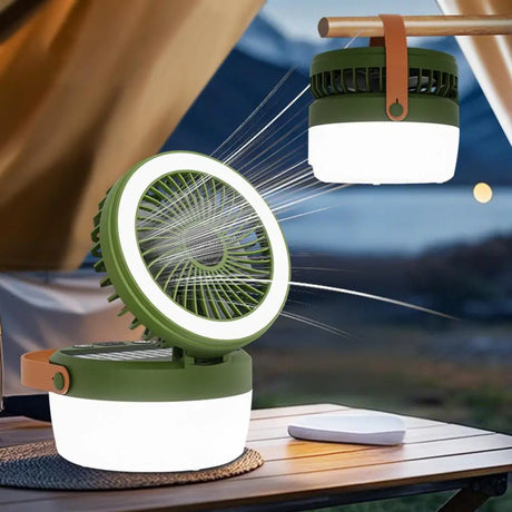Carvallo Fällbar Sol-Campinglampa med Fläkt 12 × 12 cm | 2-i-1 Tältslampa & Kylfläkt med 4 Ljuslägen | USB & Solarbatteri utomhuskombination Carvallo