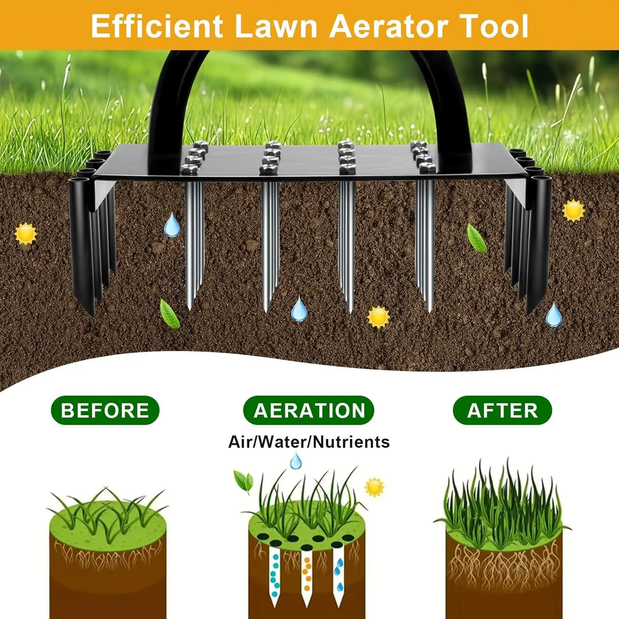 Carvallo AirCore Pro 2-i-1 Handgräsmatta-luftare av stål | Med 16 spikar & 8 jordkärnor | För trädgård, gräsmatta & markvård Carvallo