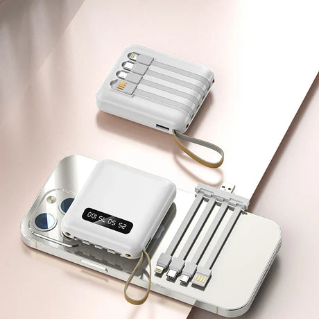 Carvallo-Powerbank med spegeldisplay | 20.000 mAh | Snabb laddningsfunktion & integrerade kablar | För iPhone, Samsung, Xiaomi & mer Carvallo