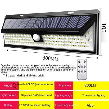 Carvallo 90 Solar Vägglampa med rörelsesensor | 90 LEDs | 3 lägen | IP65 Vattentålig | 4400 mAh Batteri | Utomhusbelysning för trädgård, terrass & gård Carvallo