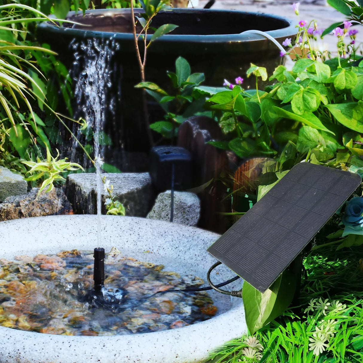 Carvallo Springbrunnen SOLAQUA | 6-i-1 Set med 4 munstycken | Utan strömförsörjning | För damm & trädgård Carvallo