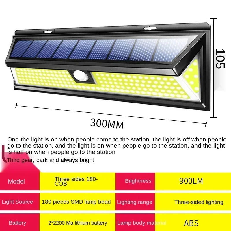 Carvallo 90 Solar Vägglampa med rörelsesensor | 90 LEDs | 3 lägen | IP65 Vattentålig | 4400 mAh Batteri | Utomhusbelysning för trädgård, terrass & gård Carvallo