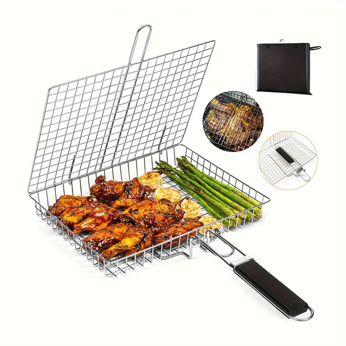 Carvallo GrillMate Grillkorg Rostfritt stål | Fällbar & Non-stick | Med handtag | För kött, fisk & grönsaker | Högtemperaturbeständig Carvallo